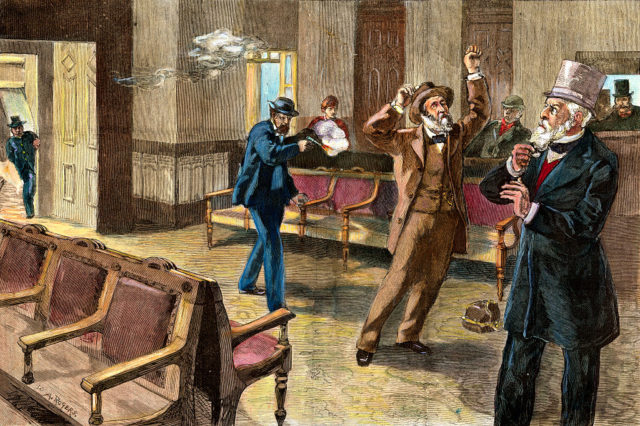 Sketch of President Garfield being shot in the back