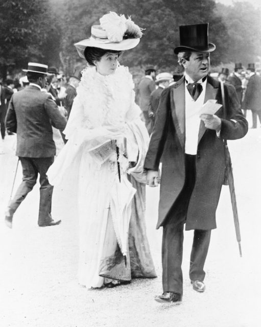 W. K. Vanderbilt dressed in a suit and top hat with his daughter the Duchess of Marlborough.