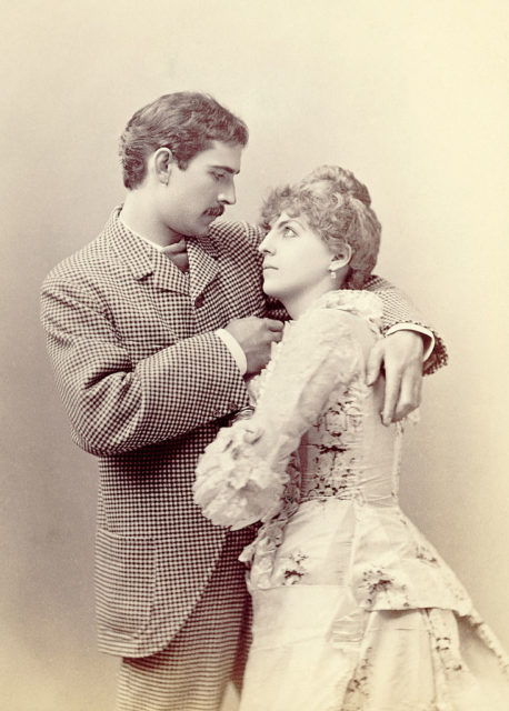Portrait of Maurice Barrymore embracing his wife Georgie Drew. 