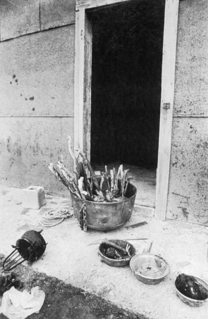 Black and white photo of a cauldron. 