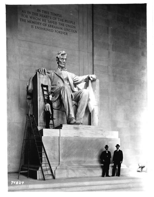 Daniel Chester French and Henry Bacon standing in front of Lincoln Memorial