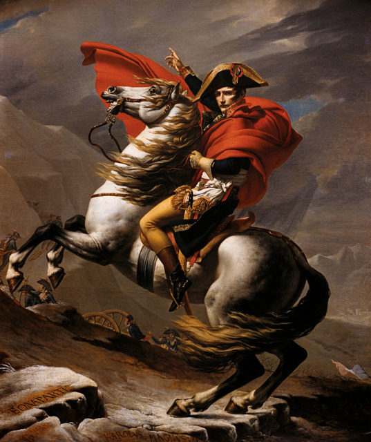 Coloured painting of Napoleon Boneparte sitting on a rearing horse.