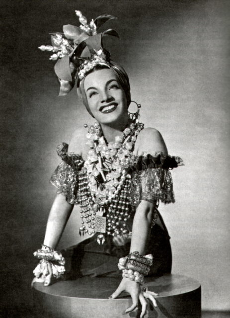 Headshot of Carmen Miranda in exotic costume