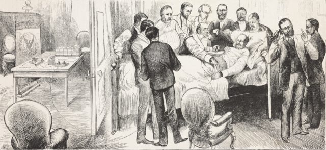 sketch of men surrounding Garfield on his death bed