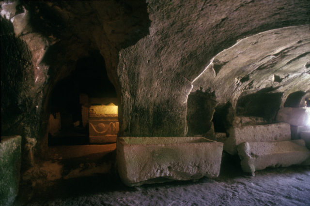 Underground tombs lined with sarcophagi