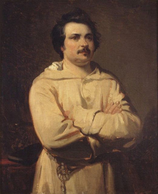 Coloured painting of a man with brown hair wearing a white robe with his arms crossed.