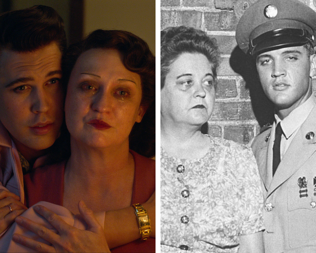 Side by side photos with Elvis and his mother in black and white with Elvis in military uniform, and Maggie Gyllenhaal playing Mrs. Presley crying in a coloured photo.
