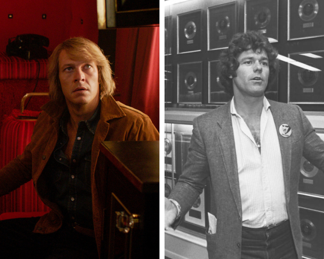 Side by side photos of Luke Bracey, playing Schilling, sitting down on a red chair, and Jerry Shilling standing in black and white.