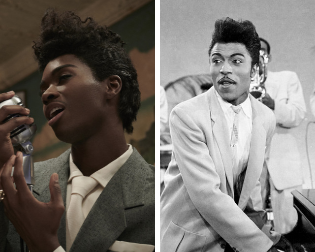Side by side photo of and Alton Mason playing Little Richard, signing into a microphone, and Little Richard playing the piano in black and white