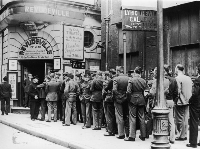 Queue of American servicemen standing outside the Windmill Theatre
