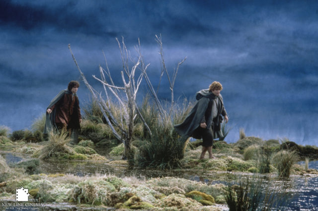 Coloured movie still from the Lord of the Rings: the Two Towers crossing the Dead Marshes