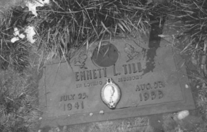 The grave of Emmett Till in a black and white photo