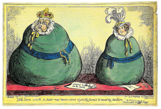 George IV and his wife Caroline as two large green bags during the Regency Era