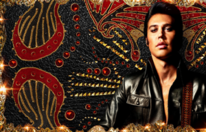 Coloured photo of Austin Butler as Elvis Presley in a leather jacket against a coloured background.