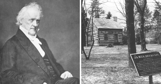 Portrait of James Buchanan + Exterior of the log cabin James Buchanan was born in