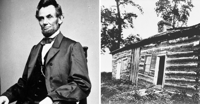 Portrait of Abraham Lincoln + Exterior of the log cabin where Abraham Lincoln was born
