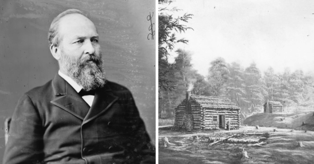 Portrait of James Garfield + A painting of the log cabin where James Garfield was born