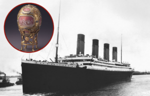 Black and white photo of the Titanic ship, with a coloured photo of a pink Fabrige egg in a circle in the corner.