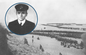 Black and white photo taken from a distance of soldiers evacuating from the beach in Dunkirk with a photo of young Charles Lightoller superimposed overtop.