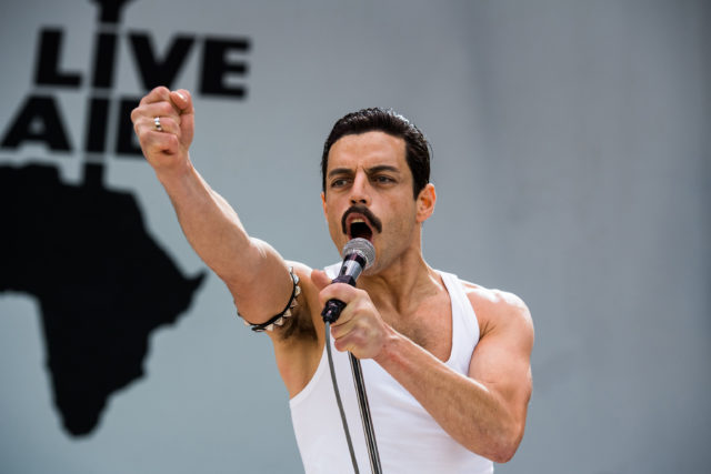 Headshot of Rami Malek playing Freddie Mercury