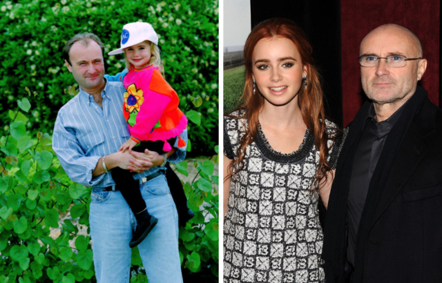 Side by side images of Lily Collins with Phil Collins as a child and later as a teen