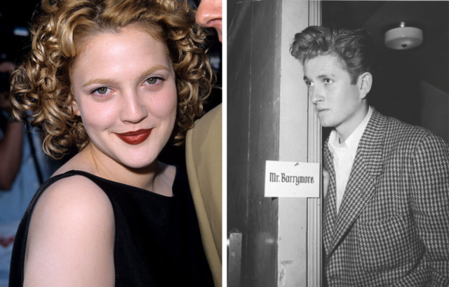 Side by side images of actress Drew Barrymore and her father John Drew Barrymore