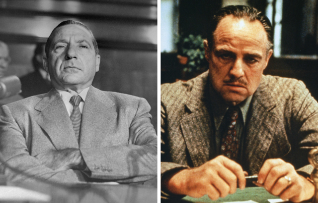 Left: portrait of Frank Costello on trial. Right: Marlon Brando in character as Don Vito Corleone in 'The Godfather'