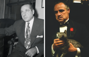 Left: portrait of Frank Costello. Right: Marlon Brando as Vito Corleone in 'The Gdfather'