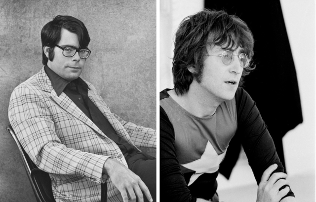 Side-by-side portraits of novelist Stephen King and musician John Lennon