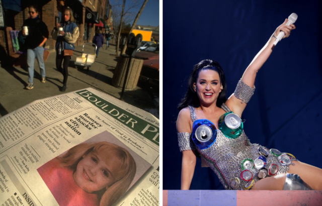 Left: American child JonBenét Ramsey was murdered at age 6 in Boulder, Colorado. (Photo Credit: Axel Koester / Sygma via Getty Images). Right: Katy Perry performs onstage during her Las Vegas Residency at Resorts World Las Vegas. (Photo Credit: John Shearer / Getty Images for Katy Perry)
