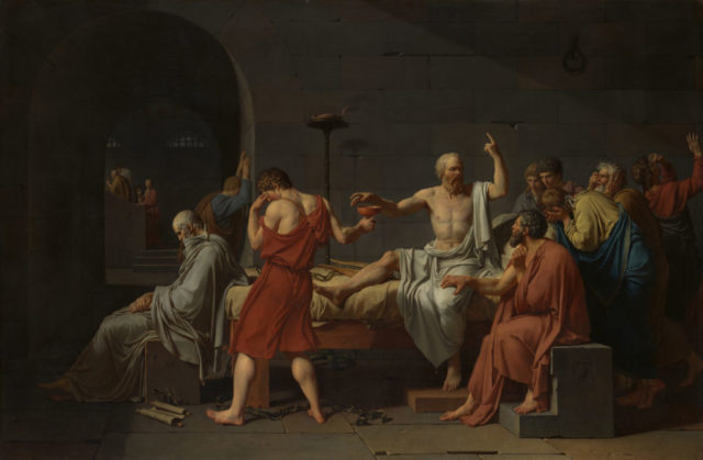 A painting depicts the death of Socrates