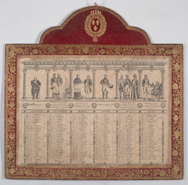 Coloured photo of a hand written French calendar from 1816 with a decorative red border. 
