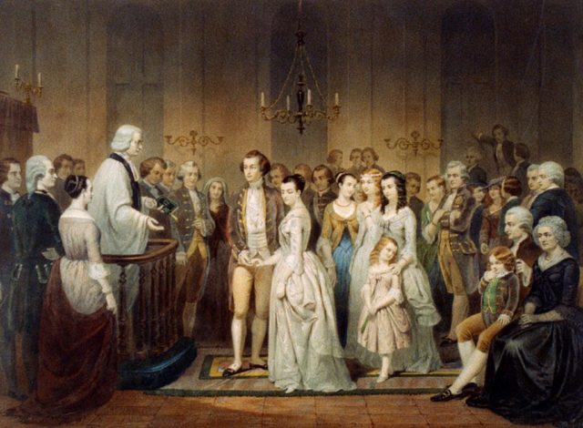 A painting depicts the wedding of George and Martha Washington