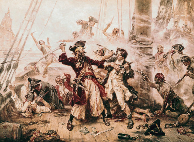 Coloured drawing of Blackbeard fighting with Lieutenant Robert Maynard who kills him.