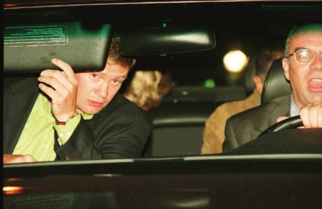 Diana, Princess of Wales and Dodi Fayed (both partially visible in back seat), bodyguard Trevor Rees-Jones (front, left) and driver Henri Paul, in their Mercedes-Benz S280, shortly before the fatal crash which killed Diana, Fayed and Paul, Paris, August 31, 1997. (Photo Credit: Jacques Langevin/ scottbaker-inquests.gov.uk/ Getty Images)