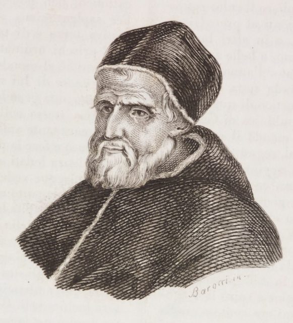 Black and white drawing of Pope Gregory XIII wearing a black robe and hat with a white beard.