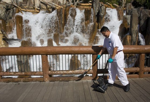 Disney employee cleaning litter near an attraction