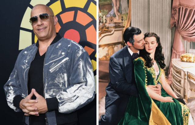 Colored photo of Vin Diesel wearing a jacket and sunglasses beside a movie still from Gone with the Wind of Scarlett O'Hara and Rhett Butler