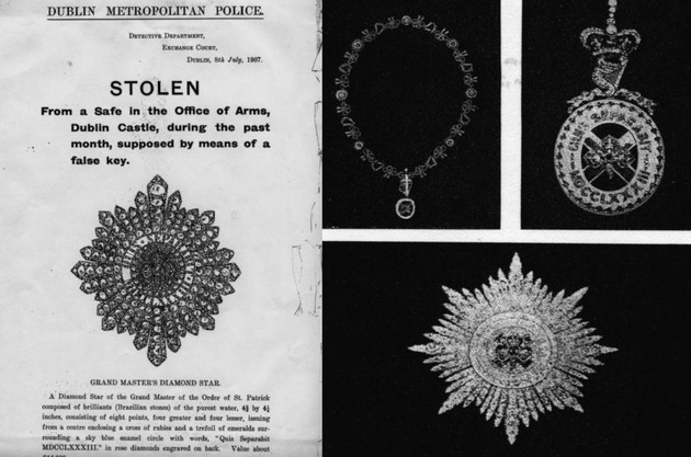 Black and white photo collage of pamphlet show that jewels are stolen, with photos of the jewels on the right hand side. 