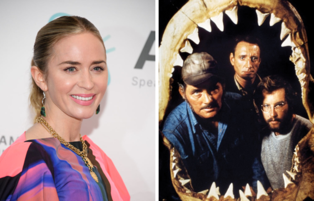 Colored photos side by side of Emily Blunt in a pink and purple dress smiling at the camera, and three characters from Jaws looking through a shark jaw.