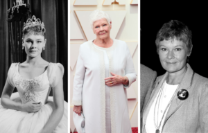 Three images of Judi Dench side by side: One wearing a ballgown and tiara, one with a white jacket over a white dress, and one with short hair and a blazer.