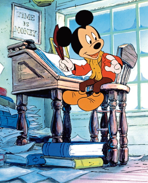 Colored cartoon still of Mickey Mouse sitting at a desk in Mickey's Christmas Carol. 