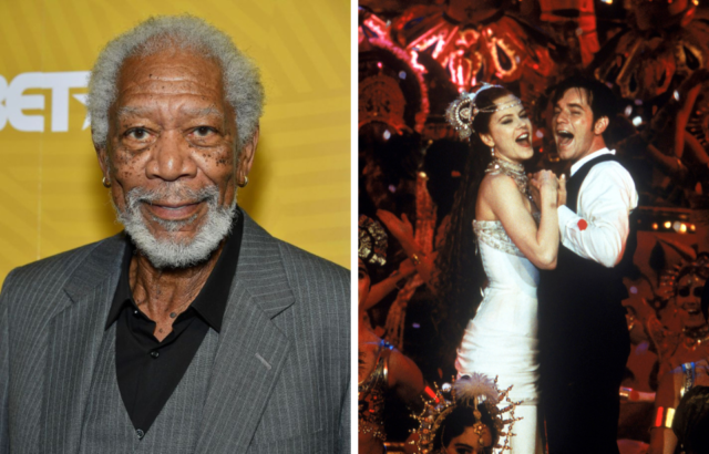 Colored photo of Morgan Freeman in a grey suit beside a movie still of Nicole Kidman in a white dress and Ewan McGregor in a white shirt and vest signing in Moulin Rouge.