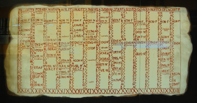 Coloured photo of a recreation of the Fasti Antiates Maiores, a Roman calendar predating the Julian calendar.