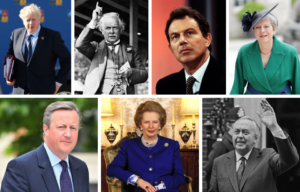Seven photos in a grid: Boris Johnson in a blue suit, David Lloyd George giving a speech, Tony Blair in a suit, Theresa May in a green dress, David Cameron in a blue suit, Margaret Thatcher in a blue dress, and Harold Wilson in a suit waving at the camera.