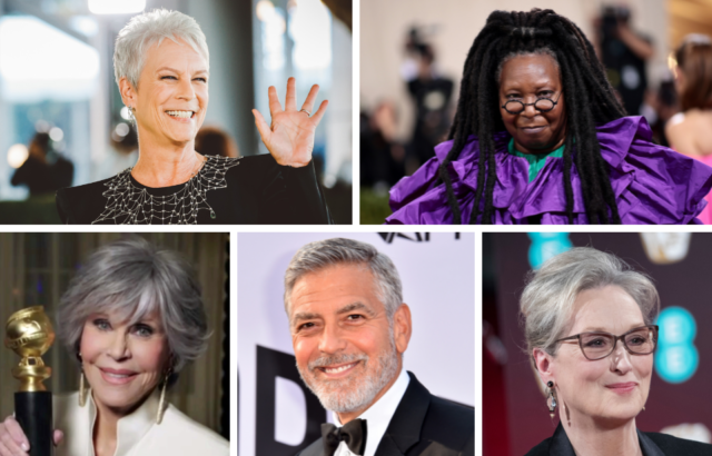 Headshots of Jamie Lee Curtis, Whoopi Goldberg, Jane Fonda, George Clooney, and Meryl Streep