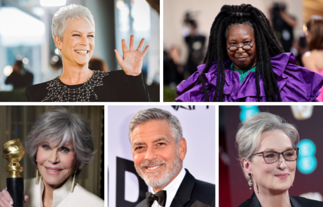 Jamie Lee Curtis waving + Whoopi Goldberg posing on a red carpet + Jane Fonda holding up an award + George Clooney posing on a red carpet + Meryl Streep posing on a red carpet