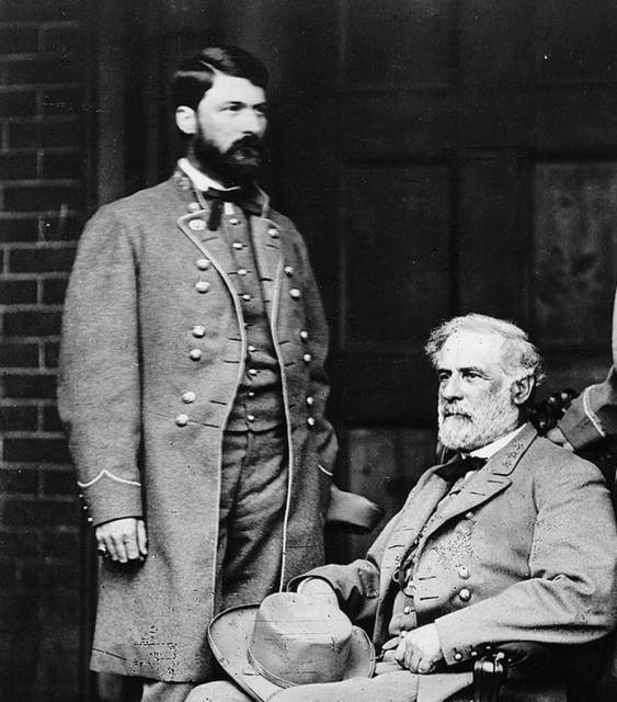Custis and Robert Lee on the porch of the general's home in Richmond, 1865