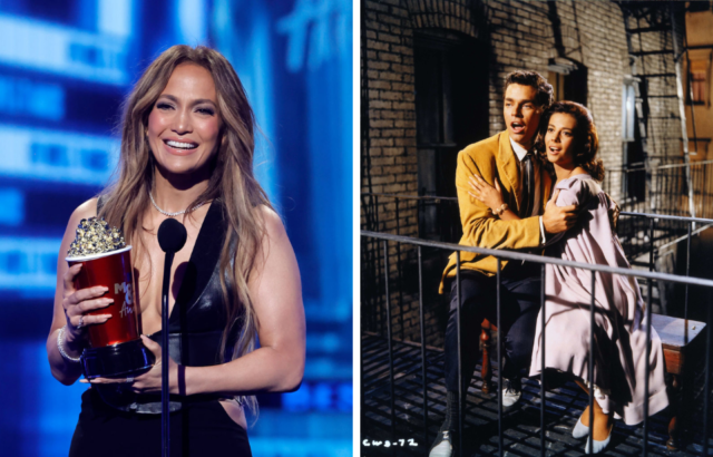 Colored photos of Jennifer Lopez holding an award in front of a microphone beside a photo of Natalie Wood and Richard Beymer singing in West Side Story.