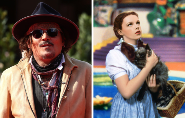 Colored photo of Johnny Depp wearing a tan jacket, sunglasses and a hat beside a movie still of Judy Garland as Dorothy in a blue dress holding Toto.